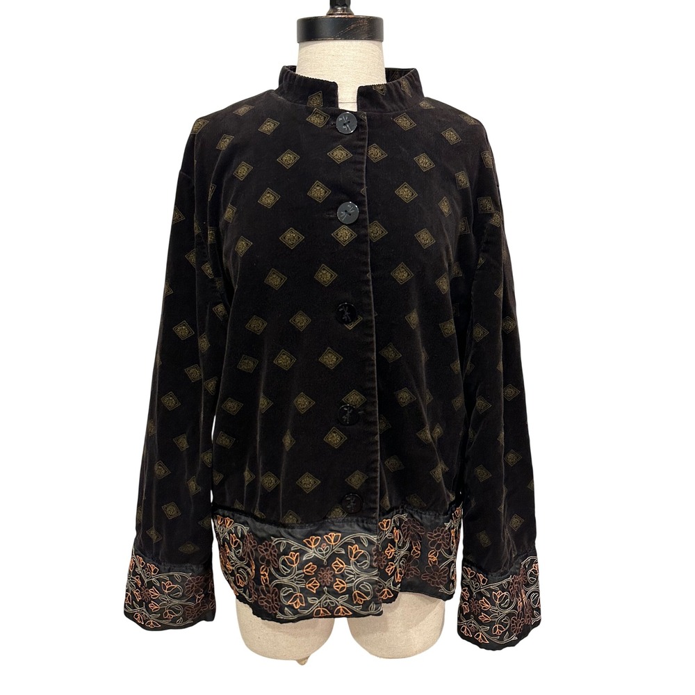 Hearts of Palm Brown Velvet Embroidered Floral Jacket Diamond Print Size 14